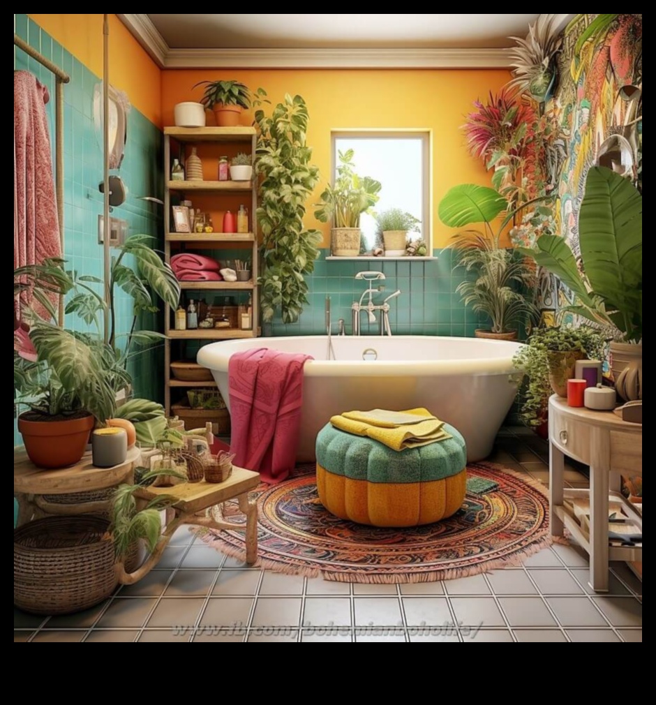 Boho διακόσμηση μπάνιου με ζωηρά μοτίβα