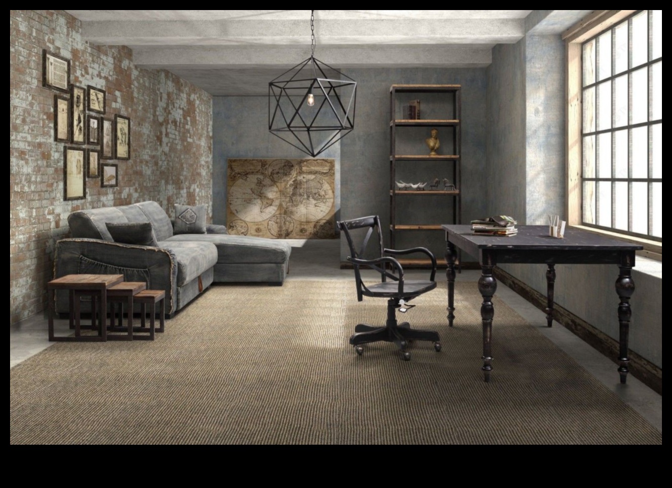 Ποιες είναι μερικές ιδέες Industrial Chic διακόσμησης σαλονιού με εκτεθειμένους τοίχους από τούβλα;